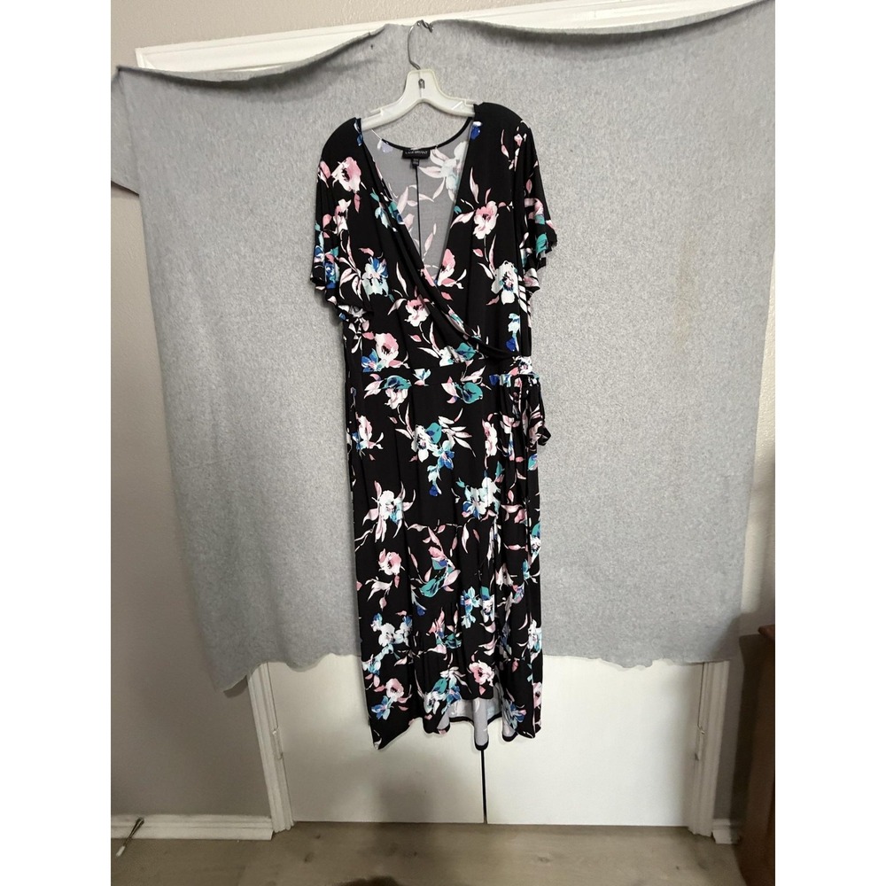 Lane Bryant Maxi Dress Womens 22/24 Black Floral Wrap V Neck Flutter Sleeve
